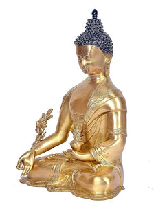 Brass Buddha statue seated with hands in blessing gesture, 15 inches