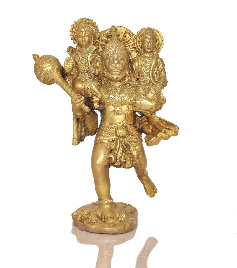 Brass Hanuman Carries Ram ji and Lakshman on His Shoulders Handcrafted Spiritual Decor for Home and Office Decor (Height 8 Inch)