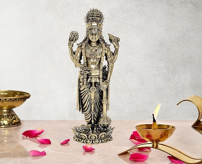 Brass Lord Vishnu idol statue standing on ornate base, raised hands and crown