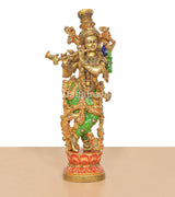 Krishna playing flute brass idol with ornate meenakari detailing on arms, chest, and legs