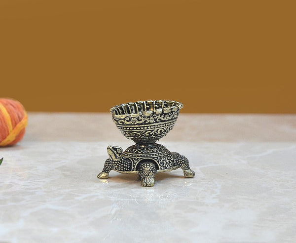 Superfine Brass Tortoise with Oil Lamp Diya (Height: 3 CM) Study Setting