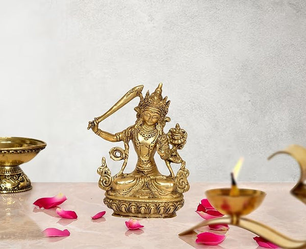 Brass Manjushree Statue - Home Decor | Traditional Buddhist Art | Spiritual Sculpture for Wisdom (Height 6 Inch)