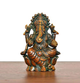Multicolour Lord Ganesha brass idol, front view, detailed jewelry and seated pose
