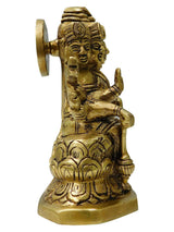 Brass Gayatri Mata statue, rear/side view with long hair details and arched back