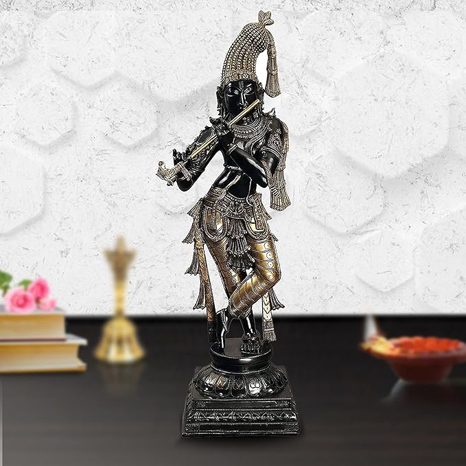 Krishna Murti Idol-Statue aus Messing, schwarz und gold, spielende Flöte, stehend