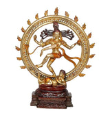 Brass Shiva Nataraj idol, front view: dancing figure with ringed halo and carved base