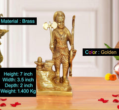 Gold brass Parshuram murti statue, axe raised in one hand, detailed patterned base