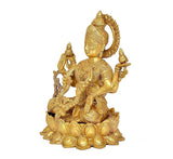 Side view golden brass Lakshmi statue with raised palms and beaded ornaments