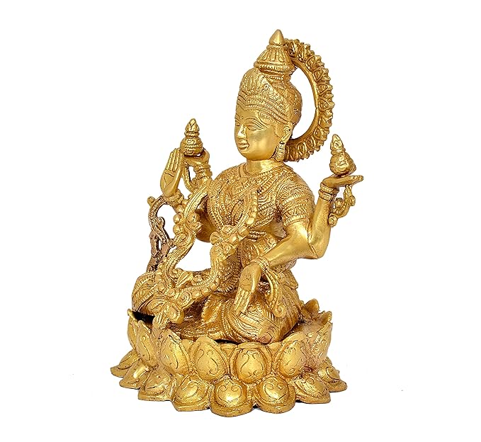 Laxmi Idol Brass Statue Murti Goddess Maha Laxmi Lakshmi Goddess Statue Lakshmi Idol for Home Puja Golden Brass (Height: 9 Inches)