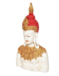 Resin Buddha statue from side angle, red crown with gold accents, white body