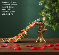 AONA multicolor brass peacock figurine on stand, 8-inch height, detailed painted accents