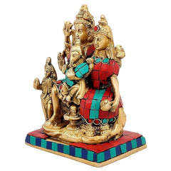 Brass Shiv Parivar figurine, Shiva-Parvati family with sons, red-and-teal clothing, base
