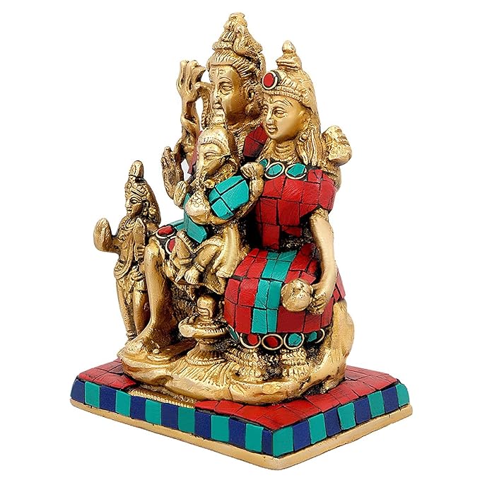 Brass Shiva Parvati Shiv Parivar Shankar Bhagwan Ganesh Family Murti Idol Statue Sculpture, Height 5.5 Inches