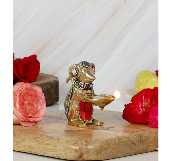 Brass Ganesha Mouse Holding Oil Lamp Diya Statue (Height 2.5 inches)