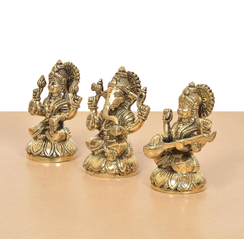 Brass Lakshmi Ganesha Saraswati Idol (Height 4.5 Inch)