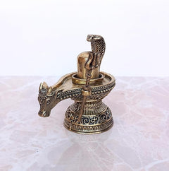 Shiva ling murti with Nandi figure, trident on round ornate base, brass sculpture