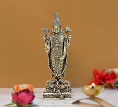 8 inch brass Lord Tirupati Balaji figurine with detailed crown and jewelry