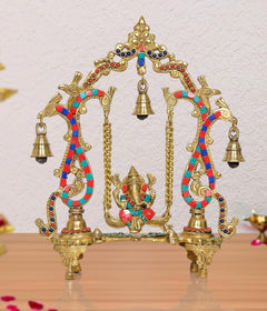 Brass Ganesha swing showpiece with colorful enamel arcs and hanging bells
