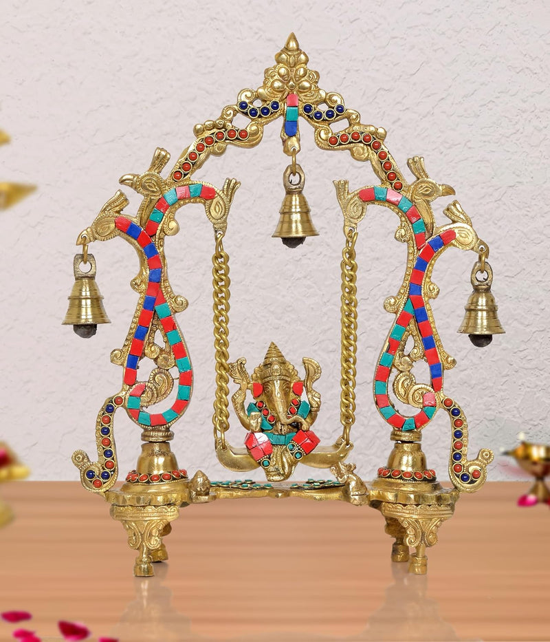 Brass Ganesha Playing On Swing Ganesha Jhula Decorative Showpiece Multicolour for Home Decor Mandir Pooja Temple (Height 14 Inch)