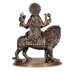 Durga seated on lion, back view; flared halo and flowing mane details