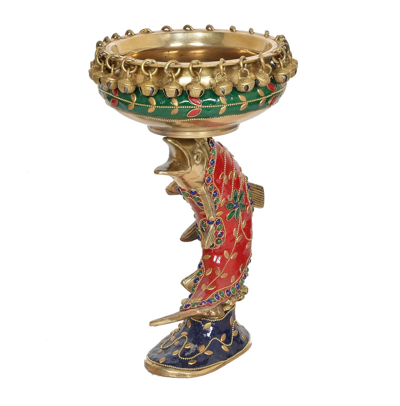 Brass Urli Bowl On The Fish Ethnic Design Urli Pot for Home Decor Floating Flowers Candle Lamps Temple Room Traditional and Diwali Decoration Gift (Height: 11 Inch)