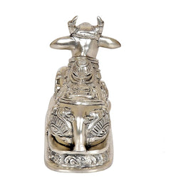 Brass Nandi cow statue idol, rear view, detailed engravings on body and pedestal