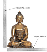 Brass Buddha statue dimensions: 13.5 in height, 10 in width, seated on lotus