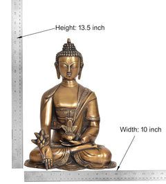 Brass Buddha statue dimensions: 13.5 in height, 10 in width, seated on lotus