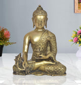 Brass meditating Buddha statue in Dhyan mudra, seated cross-legged, ornate robe