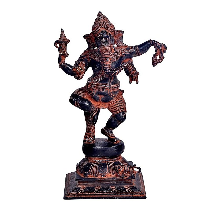 Dancing Ganesha brass statue, four arms, dark blue body with red accents, 12 in