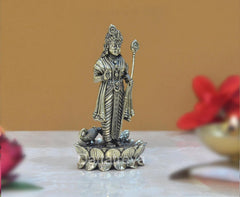 Brass Lord Kartikeya Murugan statue with raised spear, detailed robe, lotus base