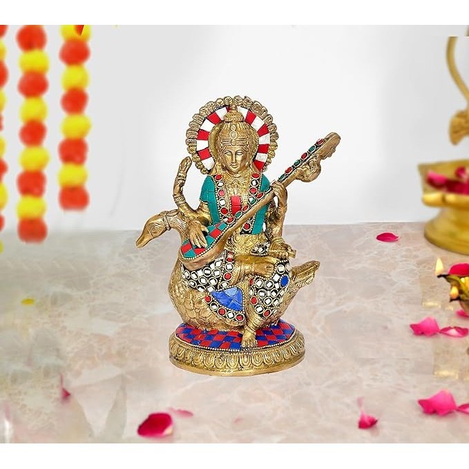 Brass Maa Saraswati Idol Statue Idol Murti for Home Decor Diwali Gifting Item | Multicolor | Height : 8.5 Inches