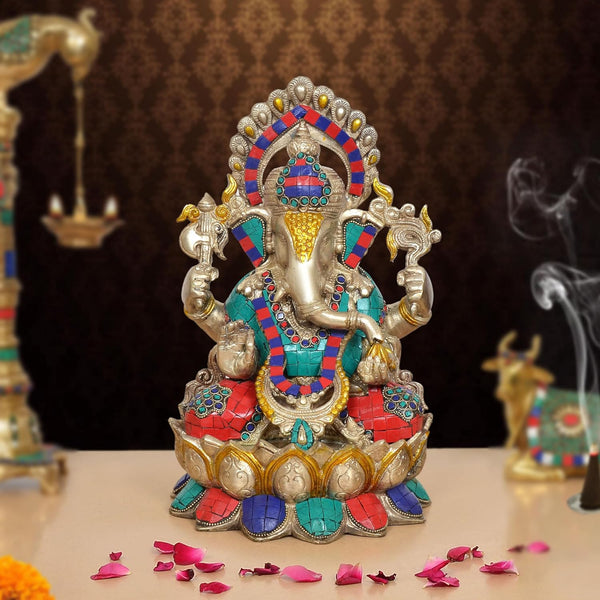 Brass Lord Ganesha Sitting On Lotus (Height: 12.5 Inch)