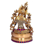 Back/side view of brass Tara Devi statue, gold tone, ornate halo-like details