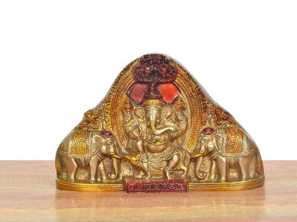 Brass Ganesha with Elephants Ganesh Idol Table Top and Wall Hanging (Height :5 inch) Study Setting