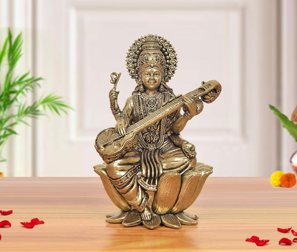 Superfine Brass Maa Saraswati Idol Sitting on Lotus (Height 4 Inch) Mandir Setting