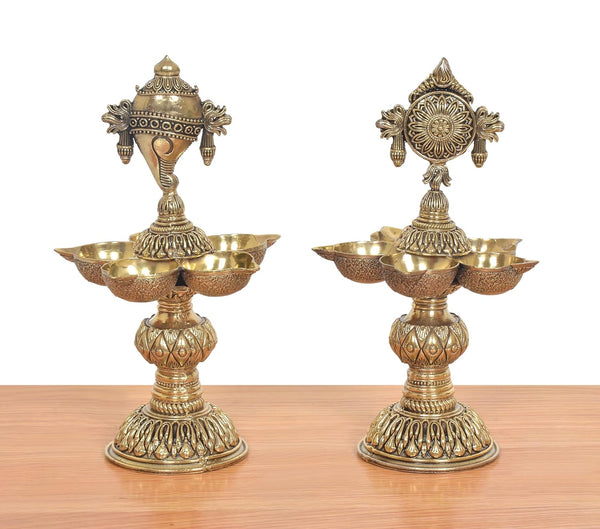 Superfine Brass Traditional Five Diya Shankh, Chakra Oil Lamp Stand Vishnu Symbol (Height 8 Inch) Study Setting