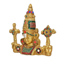 Brass Tirupati idol back view, tiered crown and multicolour inlaid gems on torso