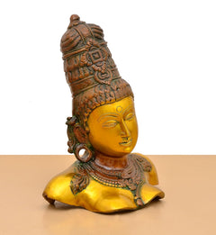 Angled Parvati bust statue, gold face and hair bun with textured head ornaments