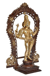 Brass Ardhanrishvara murti in ornate arched frame, raised right hand pose