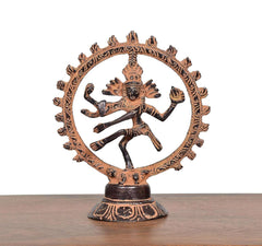 Brass Natraj Lord Shiva dancing sculpture, centered view on round pedestal base
