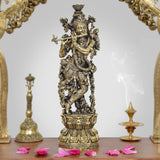Superfine brass Lord Krishna sculpture, 12 inch tall, ornate standing figure
