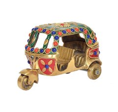 Brass auto rickshaw figurine with green roof, red and blue bead detailing, front wheels
