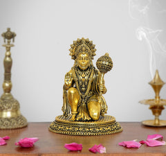 Golden brass Hanuman JI sitting statue, ornate crown and mace, 4.5 inch height