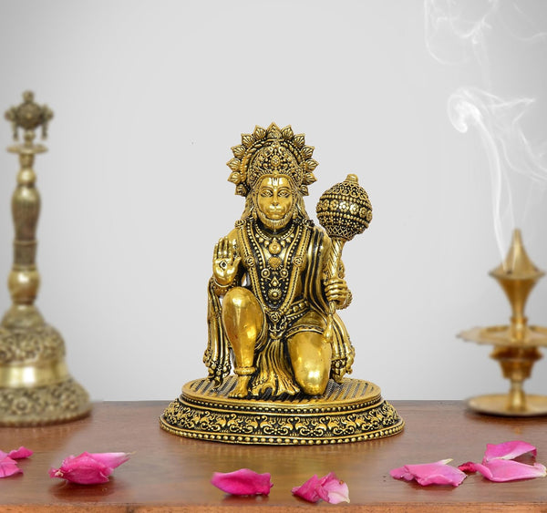 Superfine Brass Hanuman JI Sitting Statue Golden (Height: 4.5 Inch) Mandir Setting