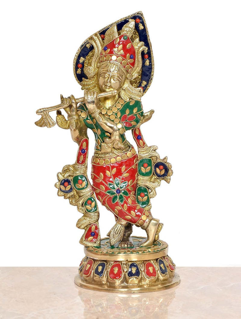 Brass Krishna Playing Flute Idol Statue Sculpture for Home Mandir Pooja Decor Temple Gift (Height 13 inch)