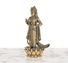 Bronze Lord Kartikeya standing murti, side view, lotus pedestal with peacock detail