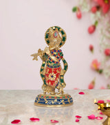 Brass Krishna idol statue, colorful jeweled outfit, raised hand, 8-inch