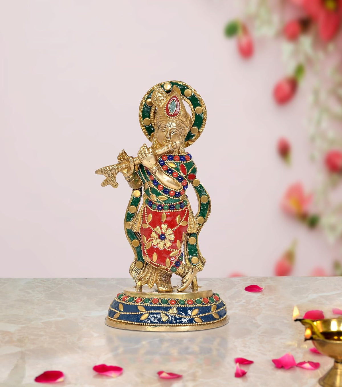 Brass Krishna idol statue, colorful jeweled outfit, raised hand, 8-inch