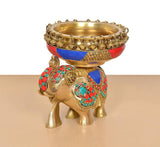 Brass elephant idol urli bowl, multicolor jewel inlay on body with decorative chain rim